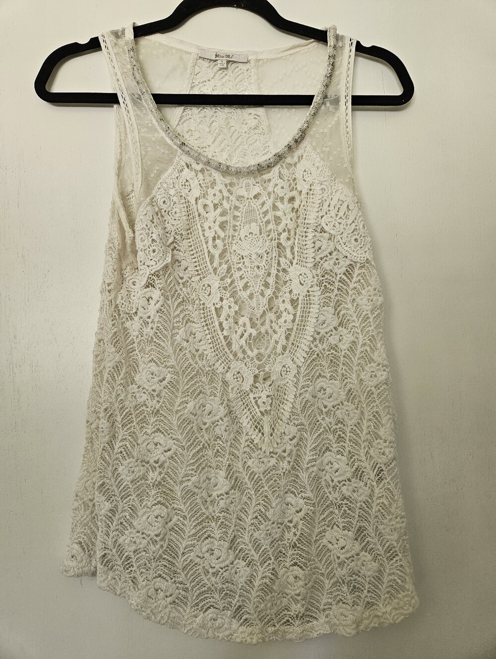 Miss Me Cream White Lace Mesh Beaded Scoop Neck Tank Top Small